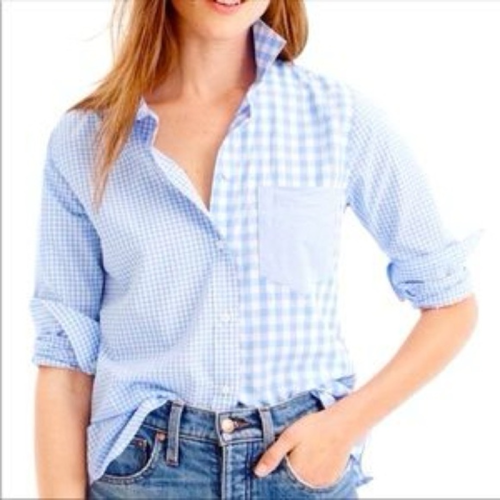 J Crew Size 8 “Boy” Shirt in Mixed Patchwork Blue Gingham